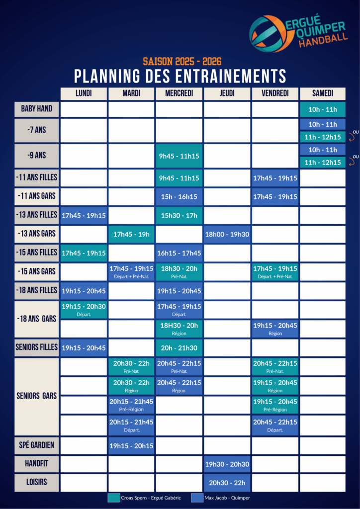Planning des entrainements 2025-2026